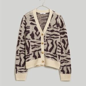 Madewell Cream and Dark Brown Abstract Knit V-Neck Cardigan